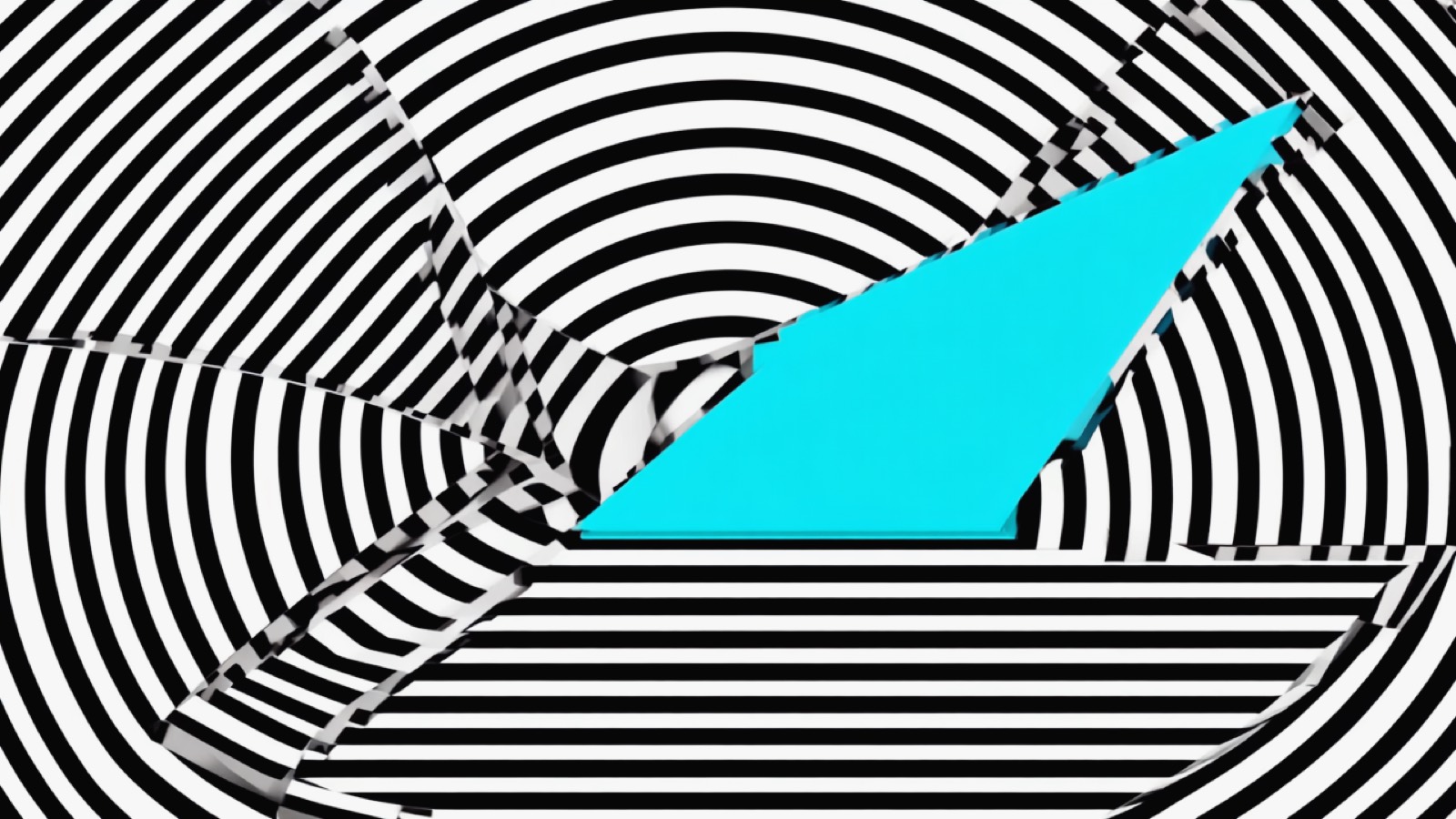 Abstrakte brutalistische Grafik in Schwarz-Weiß mit kobaltblauem Akzent: konzentrische Bögen und ein steil ansteigender Balken als Sinnbild für Ladezeit und Performance.