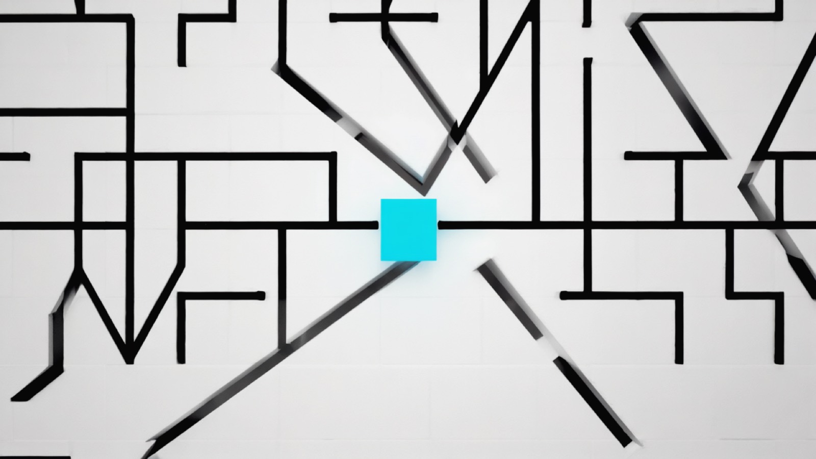 Abstraktes geometrisches Raster aus verbundenen Knoten in Schwarz-Weiß mit einem hervorgehobenen kobaltblauen Knoten als Sinnbild für Crawling und Indexierung.